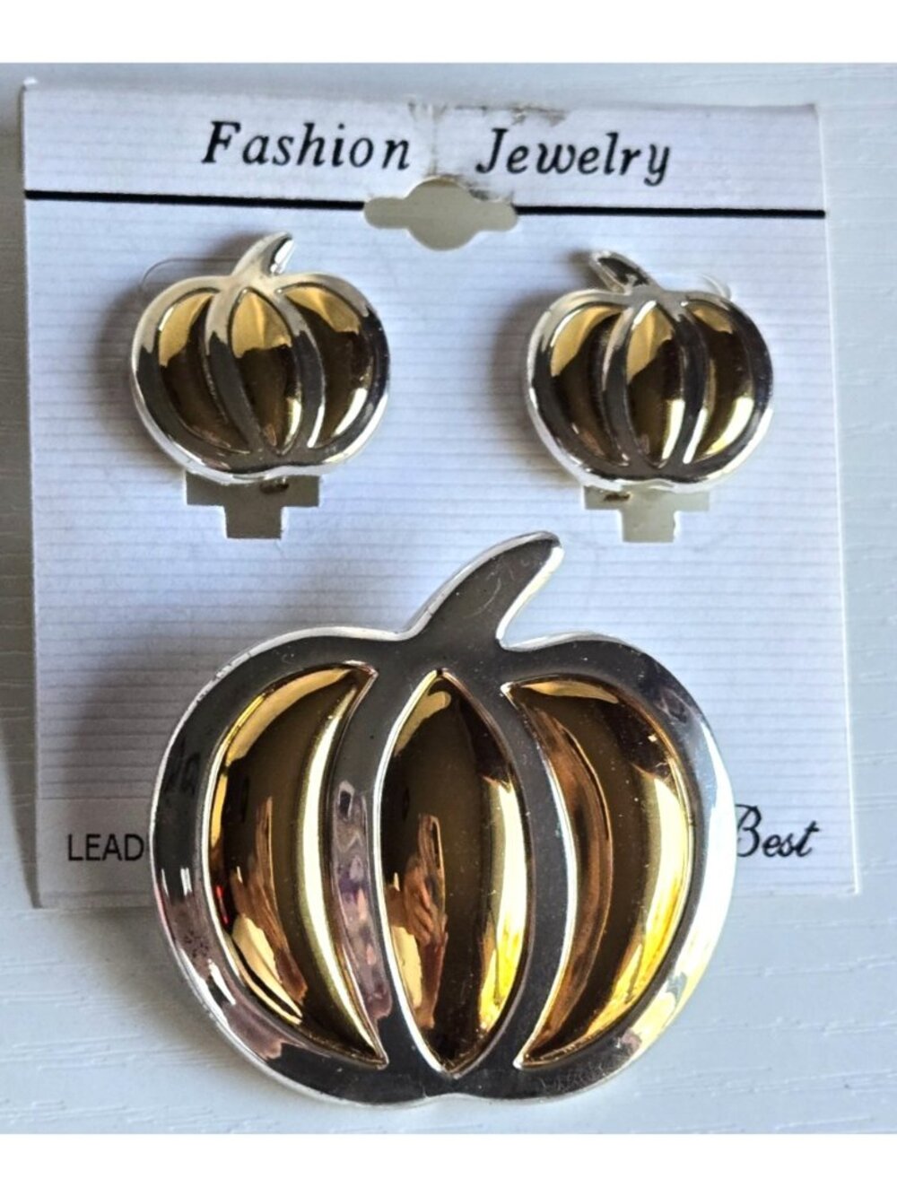 "Best" Pumpkin Brooch, Pendant, Clip On Earrings Silver Tone and Gold Tone